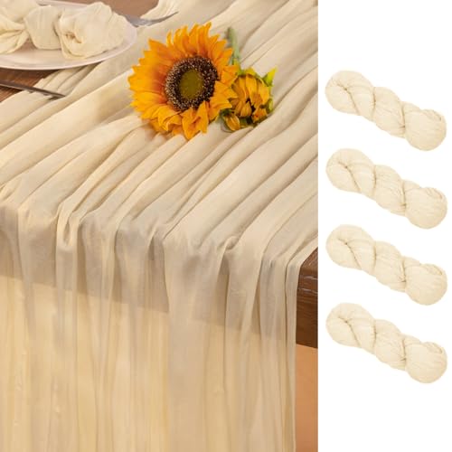 DeZerlor Beige Cheesecloth Table Runner 4 Pack Summer Sheer Cream Cheese Cloth Table Runners 120 Inches Boho Gauze Summer Table Decorations for Wedding Bridal Baby Shower Garden Party Decor