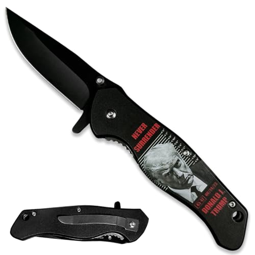 Image of PS Trump Mug Shot Stainless Steel Pocket Knife, Patriotic Everyday Carry Tool, Folding Utility Design, Belt Clip Carry Accessory, Gift and Collection Item, (Never Surrender Theme)