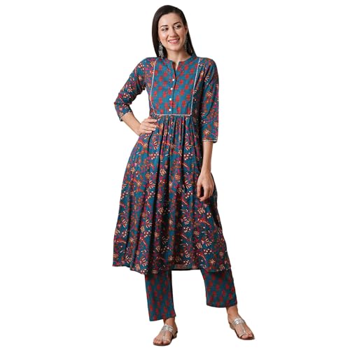 Image of Globus Women Ivory Floral Print A-Line Kurta Set With Trouser-3638388001