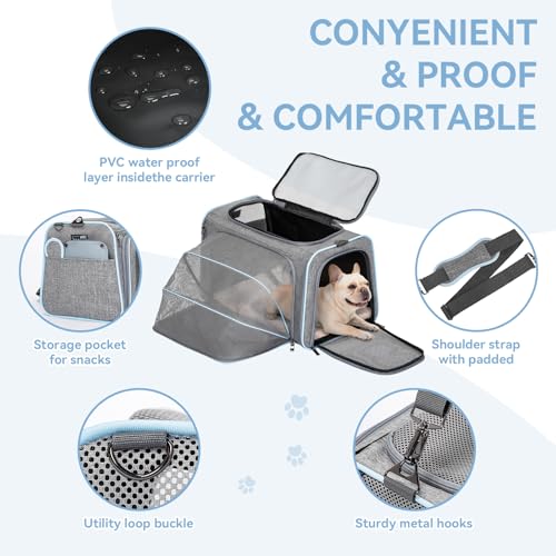 Petsfit Faltbarer Transporttasche Katze und Hund,erweiterbare Katzentransportbox mit Schultergurt Hundetragetasche Flugtasche Oxford Gewebe für Katze und Hund, L/Grau/Einseitig