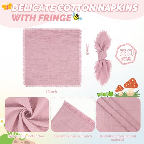 Showgeous 30 Pack Dusty Rose Cloth Napkins with Fringe 16x16 inch 100% Cotton Napkins Handmade Dinner Napkins Bulk Washable Soft Rustic Table Napkins for Wedding Parties Bridal Baby Shower by Showgeous - Used condition - Image 2