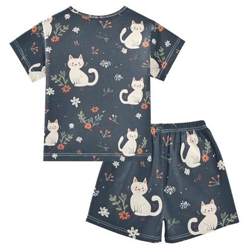 ALAZA Cartoon Cat Blossom Flower Pajamas Short Sleeve 2 Piece Sleepwear Top and Bottom Pajama Set Unisex2