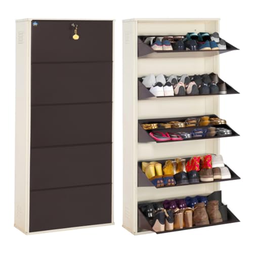 Image of DELITE KOM 29 inch Wide, 10 Shelf Metal Shoe Rack Wall Mounted for Home with Central Lock Holds Upto 36 Shoes or 60 Slippers Pair | Double Decker, 1Yr Warranty, (67x29x8,Ivory Coffee), DIY, Space Saver