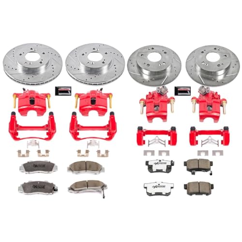 Image of PowerStop Front and Rear Brake & Caliper Kit for Honda Prelude 1997-01 - Drilled & Slotted Disc Rotors + Carbon-Fiber Ceramic Brake Pads + Red-Powder Coated Calipers, KC706-26