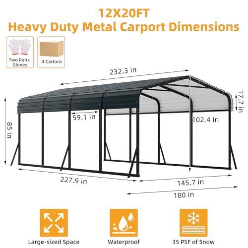 Image of GarveeLife 12x20 ft Carport, Metal Carport with Galvanized Steel Roof and Reinforced Base, Heavy Duty Garage Car Shelter Shade, Outdoor Car Port Canopy for SUV, Truck, Boats