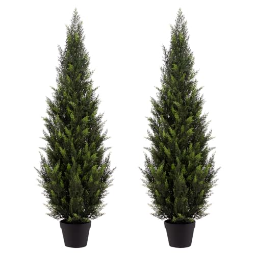 Image of Artificial Cedar Topiary Trees, 4 FT UV Resistant Faux Boxwood Plants,Front Porch Decorations Outdoor,Realistic Evergreen Cypress for Patio Decor Set of 2