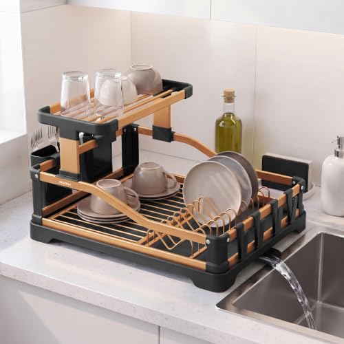 Image of Plantex Fold Flat Dish Drying Rack /Aluminium 2-Tier Dish Rack with Drainboard /Vessel Drainer Basket /Plate Holder Stand /Kitchen Rack - Pack of 1 (Gold & Black)