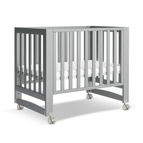 MAMAZING EvoNest Baby Crib, 6 in 1 Convertible Mini Crib with Wheels, 100% New Zealand Pinewood Growing Bed, 4 Adjustable Mattress Heights, Gery