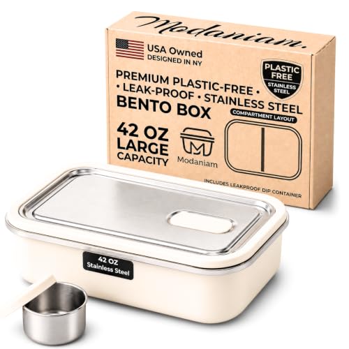 Modaniam Stainless Steel Bento Box, Stainless Steel Lunch Box for Adults, 42 OZ, Metal Lunch Box, Lunch Containers with Compartment, Vanilla, Leak Proof