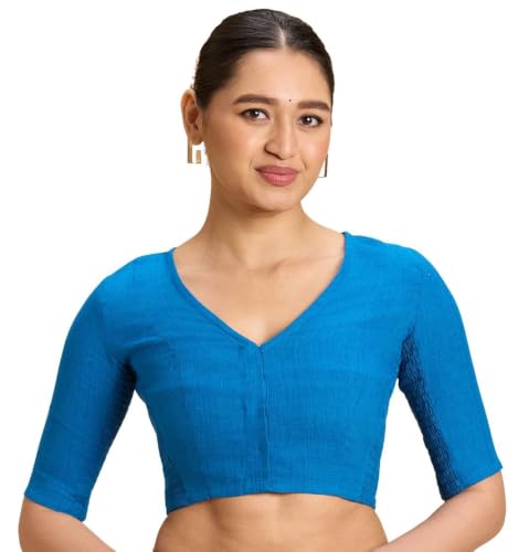 Image of Studio Shringaar Women's Thick Handloom Cotton Plain Side Stretch (Smocked) Readymade Saree Blouse