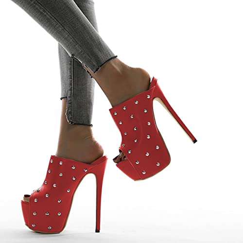 FSJ Women Sexy Studded Platform Mules Stiletto High Heel Peep Toe Slip On Summer Party Dress Prom Shoes Size 4-15 US4