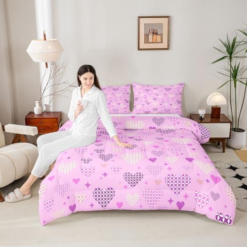 Image of Erosebridal Love and Heart Queen Comforter Set Cute Heart Pattern Bedding Set for Kids Teens Purple Valentine Bedroom Decor Love Geometric Quilt Duvet