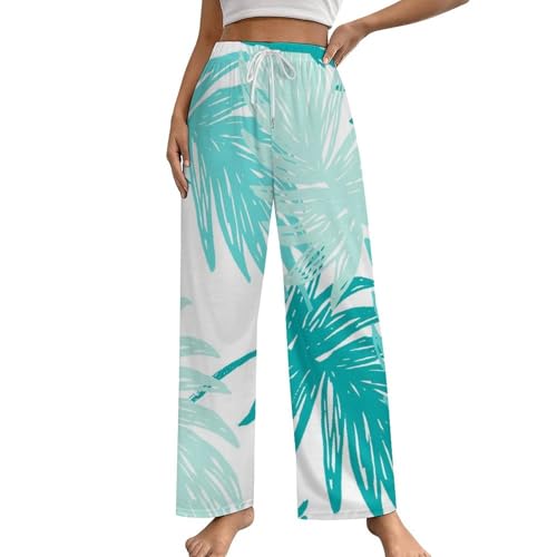 Pantalon de pyjama femme avec poches bas de nuit Feuilles Bleues taille S fluide