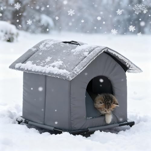Cuccia Gatto Esterno Rialzata Impermeabile, Cuccia Per Gatti Da Esterno Termica Isolata Rifugio Con Tappetino Caldo Ideale Inverno Autunno (gray, M)