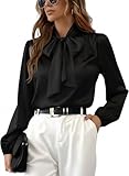 CUPSHE Women's Blouses Long Sleeve Satin Shirts Bow Tie High Neck Tops Dressy Casual Black M