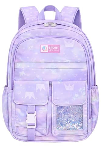 Mochila Escolar Infantil Menina Impermeável 41cm – Mochila Feminina Infantil Reforçada com Compartimentos, Abertura 180°, Multi Bolsos, Leve para Escola, Passeio e Viagem (Lilás Arco-Íris)