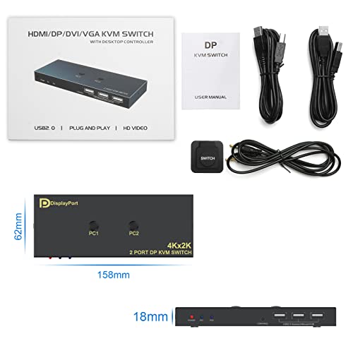 DP KVM Switch USB 3 Porte 4K@30HZ,KVM Switch 2 PC