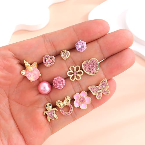 12/18 Pairs Hypoallergenic Stainless Steel Stud Earrings for Girls Women Cute Pearl Ball CZ Heart Butterfly Flower Love Knot Stud Earrings Set for Teen Girls4