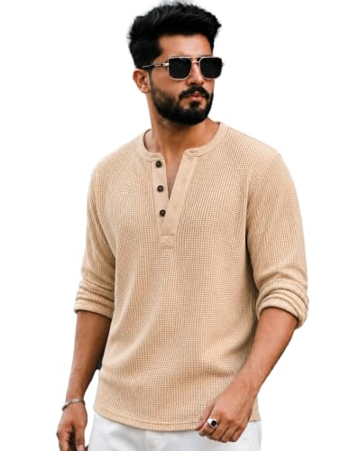 Image of AUSK Men's Waffle Knit Henley T-Shirt | Cotton Blend Full Sleeve Textured Casual T Shirt | Regular Fit Button Placket Round Neck Tshirt for Men