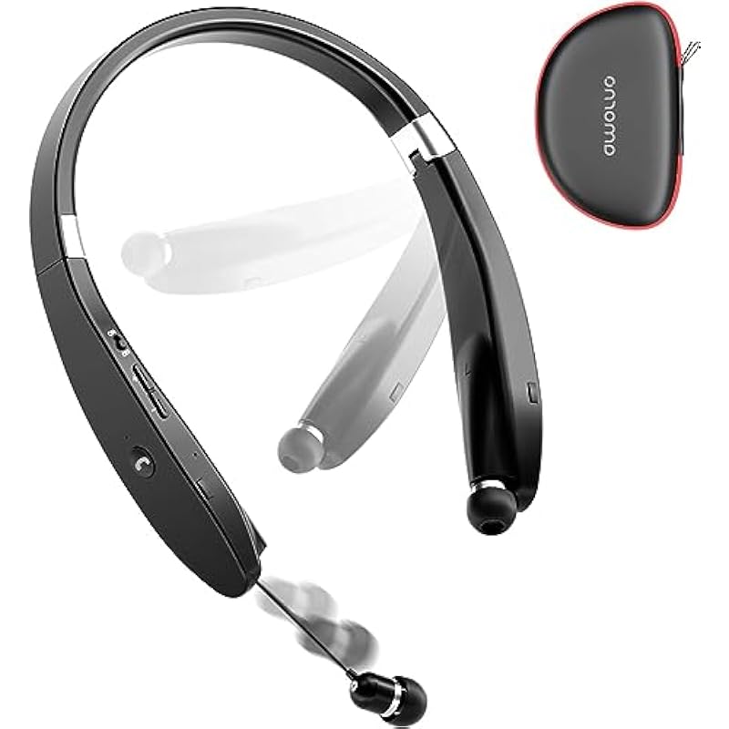 AMORNO Foldable Bluetooth Headphones Wireless Neckband Headset with Retractable Earbuds, Sports Sweatproof Noise Cancelling Stereo Earphones with Mic Black
