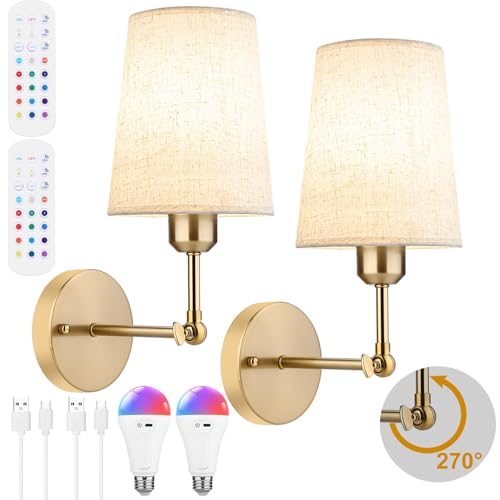 Image of Battery Operated Wall Sconce Set of Two,Modern Gold Rechargeable Wall Lights with RGB Bulb and Remote Control, 270Rotation Dimmable Battery Powered Wireless Wall lamps for Bedroom Living Room