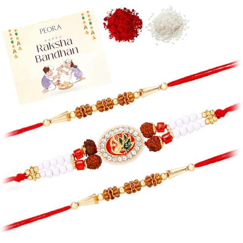 Image of Peora Rakhshabandhan Thread Rakhi for Brother Bhaiya | Crystals & Kundan Studded | Combo, Set of 3 | Rakhi Hamper with Roli Chawal & Greeting Card