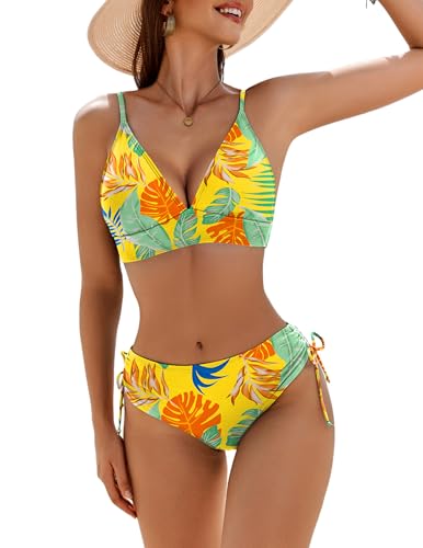AI'MAGE Bikini Set for Women High Waisted Two Piece Swimsuits Sexy V Neck Bathing Suit 2025 Yellow Leaf Print XX-Large