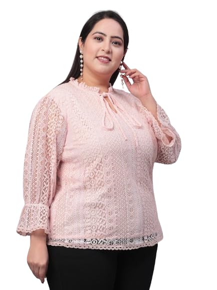Style QuotientWomens Self Design Tie-Up Neck Puff Sleeves Lace Cotton Plus Size Top