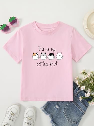 Image of Girl's Cute Cat Graphic T-Shirts Funny Animal Lover Tee Pink