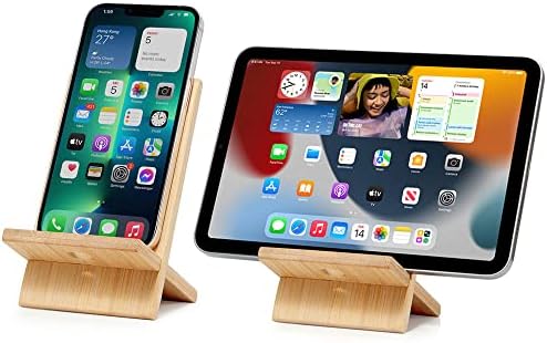 FadyDail Bamboo Cell Phone Stand with Charging Hole, Detachable Wood Mobile Phone Holder for Desk Tablet Stand Wooden Desktop Dock Cradle for iPhone iPad Samsung and All Smartphones