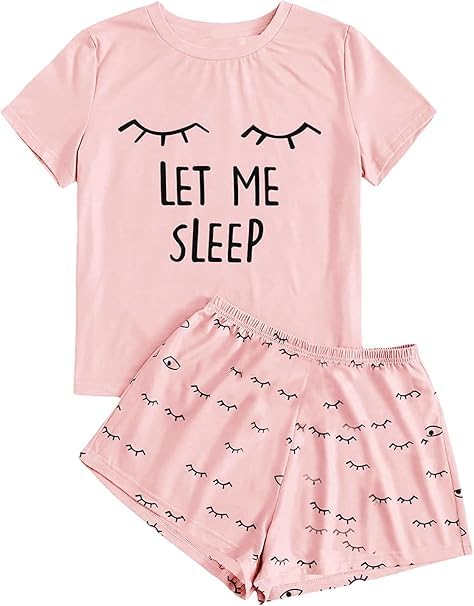 Haloumoning Girl Summer Cute Shorts Set Comfortable Short Sleeve Cartoon Printed Pyjama Set T-Shirt and Short Pants Set Pink 10-12 Years