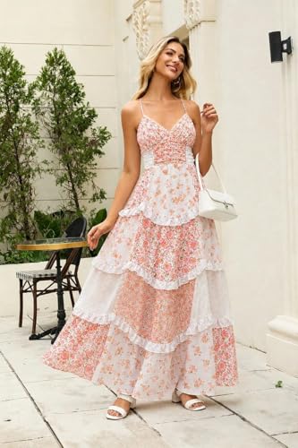 Image of Women Floral Maxi Dress Spaghetti Strap V Neck Patchwork Bohemian Flowy Dresses Summer Fall