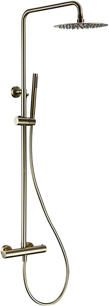 Rubinetto Doccia Con Termostato, Oro Spazzolato Doccia Miscelatore Valvola Set Bagno Rubinetto Termostatico Montaggio A Parete Braccio Doccia Deviatore Con Handheld Spray An,