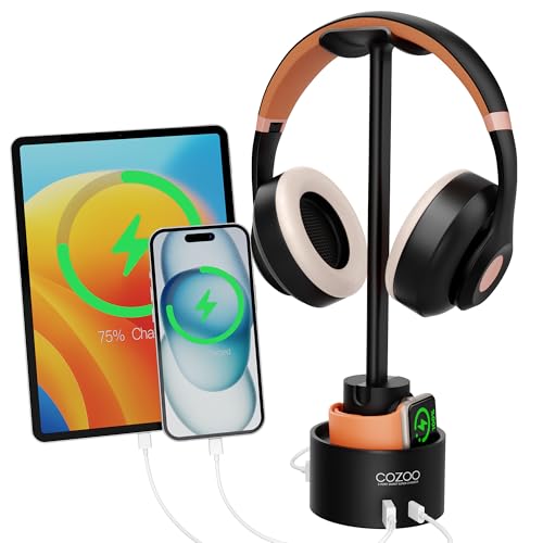 cozoo Headphone Stand with 3 USB Charger Desktop Gaming Headset Holder Hanger with 3 USB Charging Station,Watch Stand and Watch Wireless Charging,DJ,Earphone Display Accessories,Gamers Gifts for Him