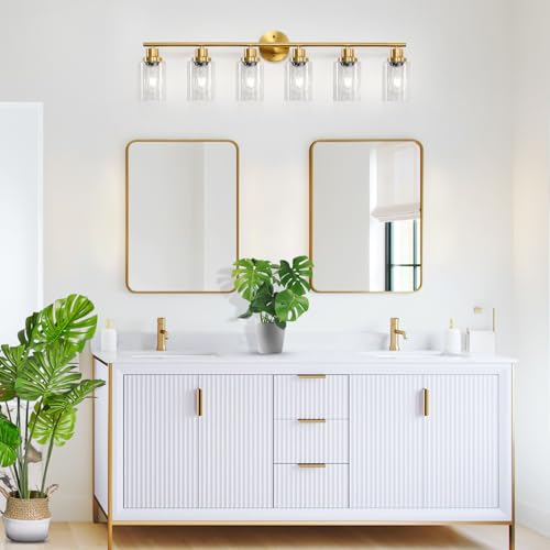 Image of 6-Light E26 Gold Bathroom Vanity Lights, Modern Bathroom Light Fixtures with Clear Glass Shade, Wall Lamps for Mirror Hallway Kitchen Cabinet Living Room Sconces Lights