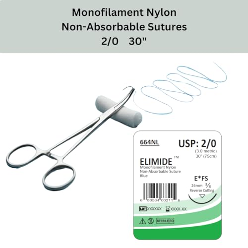 Image of ELIMIDE Veterinary Nylon Non-Absorbable Monofilament Sutures, Reverse Cutting, 3 /8 Circle, 26mm, 2 /0 30 inch (76 cm), FS, Blue, 664NL