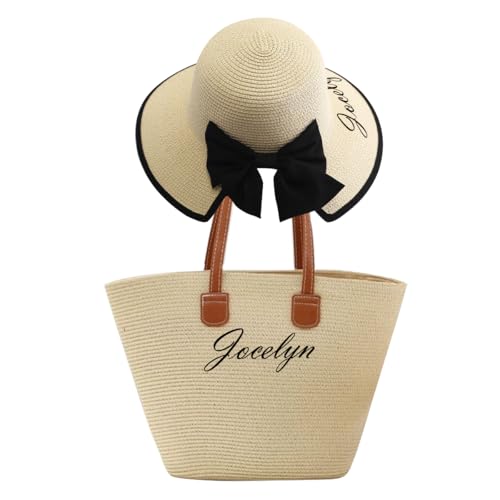 Personalized Women Straw Hat and Tote Bag Set,Custom Name Wide Br...