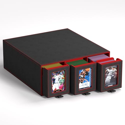 Trading Card Storage Box 3-Row Slide-Pull Card Case with Stackable Design & 15 Dividers Commander Display Card Organizer Holder for MTG Pkmn YuGiOh TCG and Sports Cards Holds 2500+ Cards (Red)