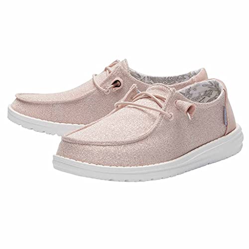 HEYDUDE Hey Dude Women's Wendy Stretch Sparkling Pink Size 7 | Women’s Shoes | Women’s Lace Up Loafers | Comfortable & Light-Weight