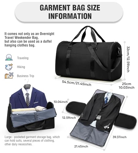 VECAVE Convertible Garment Duffle Bags for Travel, Carry On Garment Bag for Women Men 2 in 1 Hanging Suit Bag, Large Weekender Bags for Business Trip Wedding Hanging Clothes Black4