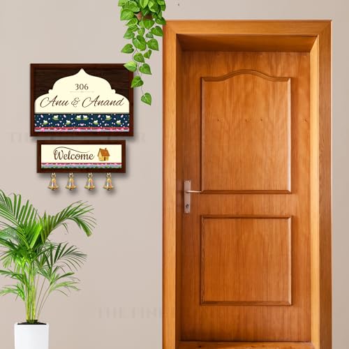 Image of Customised Name Plate for Home Entrance | Wooden Door Name Plate with Brass color Bell & Matte Finish for Home Decor | Personalized with Name & Apartment Number | Two layer Name plate | 10x14 inch | Housewarming Gift (TEAK BROWN)