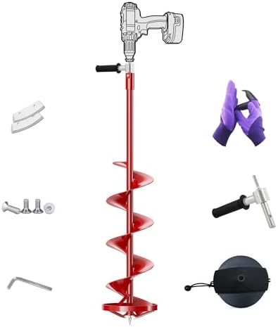 Longrun 8 Inch Ice Auger, 35.95 Inch Extended Reach for Drilling Deep Ice Fishing Holes, Auger Drill Bit for Ice Post Hole Digger w/Interchangeable Sharp Blade & Cover, Ice Auger Adapter with Handle