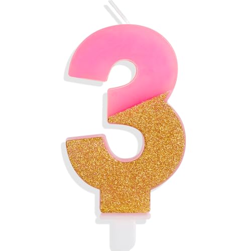 Hongplus Pink Glitter 3th Birthday Candles, Number 3 Candles, Cakes Candle, Candles for Cake, Happy 3th Birthday Cake Topper Decorations for Girls 3 Birthday Anniversary Wedding Party