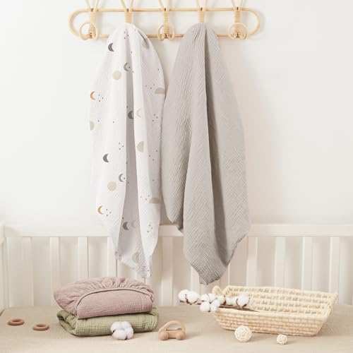 Image of Bearmoss Muslin Crib Sheets - 100% Cotton Baby Crib Sheets Fitted for Standard Crib Mattress & Toddler Bed Mattress 52 inchx28 inch Soft Breathable Crib Sheet Neutral for Boys Girls - 2 Pack (Grey Moon)