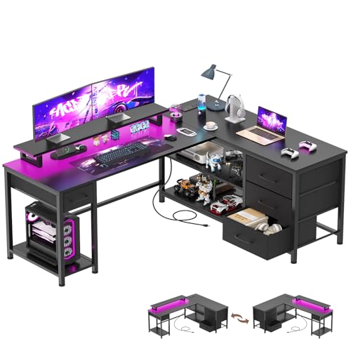 61" L Shaped Computer Gaming Desk with USB Charging Ports and LED...