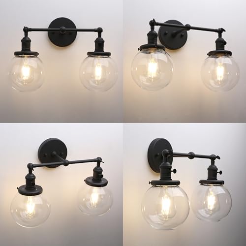 Image of Phansthy Vintage Wall Sconce with Switch, 180 Degree Adjustable Hardwired Bathroom Vanity Light, Industrial Wall Light with 5.9 inch Globe Glass Shade for Living Room Kitchen (Black, 2-Light)