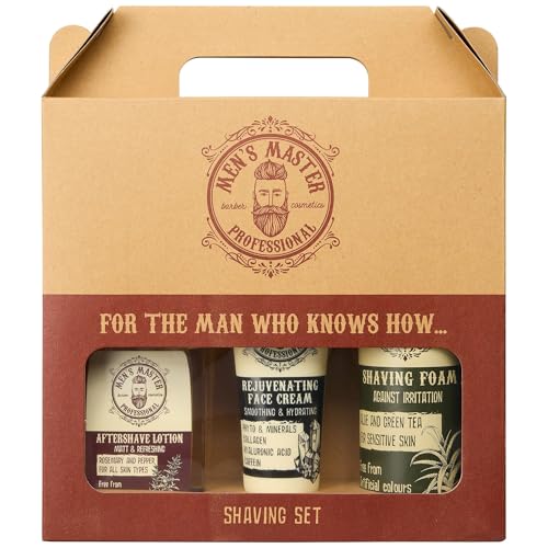 Set de regalo para hombre 3 piezas de Men's Master, Shaving Set, Espuma hidratante de afeitar, Loción calmante para después del afeitado y Crema rejuvenecedora