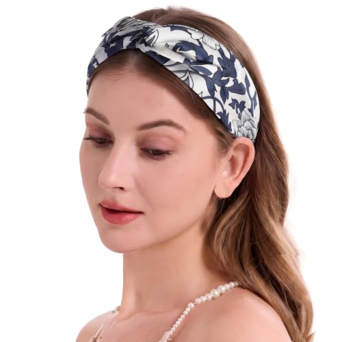 Image of ZLYC Mulberry Silk Headband for Women's Hair, Floral Navy and White | smooth luxury real silk, stretch elastic no slip fit, makeup spa skincare use, travel daily wear,boho fashion hair accessory