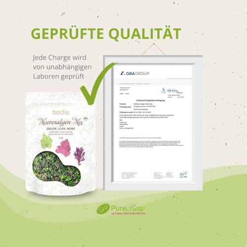 Meeresalgen-Mix Bio Algen-Flocken Getrocknet Atlantik - Dulse Ulva Meersalat Nori (Roh Vegan) Seetang Mischung Umami-Würze für Salat, Dashi, Salzersatz - Organic Raw Dried Seaweed Flakes I PureRaw 25g