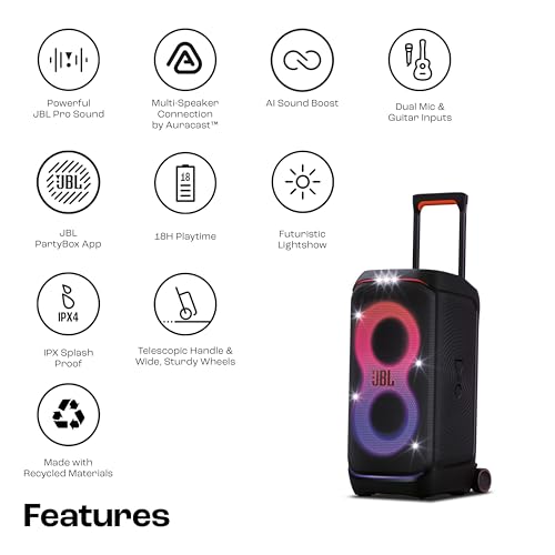 JBL Partybox 320, Portable Bluetooth 240W Party Speaker, AI Sound Boost, Futuristic Light Show, Multispeaker Connection by Auracast, Telescopic Handle & Wheels, Dual Guitar & Mic Inputs (Black) view 2